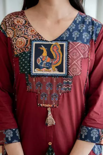 Maroon Printed Kurta Pant Set with Multicolor Printed Dupatta