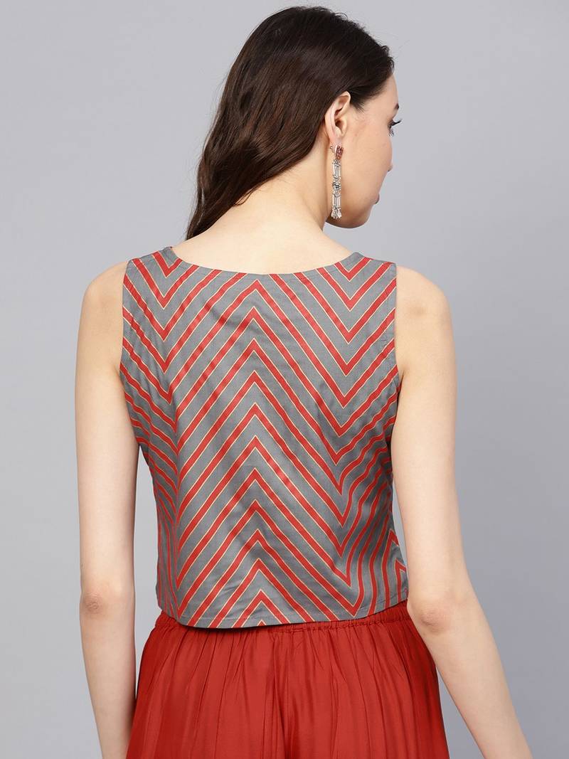Women Grey & Red Striped Top