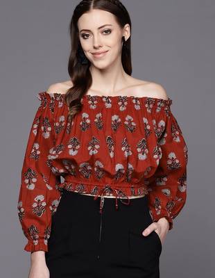 Red & Black Print Off-Shoulder Crop Top 1