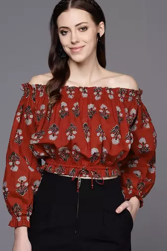 Red & Black Print Off-Shoulder Crop Top
