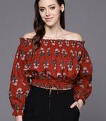 Red & Black Print Off-Shoulder Crop Top