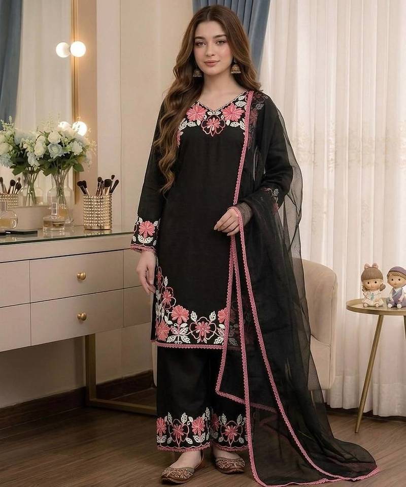 Black Color Embroidery Thread Work Satin Rayon Salwar Suit
