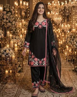 Black Color Embroidery Thread Work Satin Rayon Salwar Suit 2