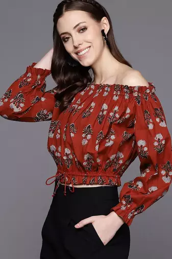 Red & Black Print Off-Shoulder Crop Top
