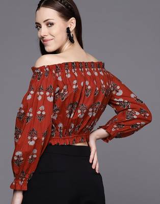 Red & Black Print Off-Shoulder Crop Top 4