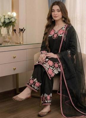 Black Color Embroidery Thread Work Satin Rayon Salwar Suit 3