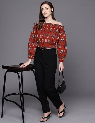 Red & Black Print Off-Shoulder Crop Top 5
