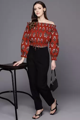 Red & Black Print Off-Shoulder Crop Top