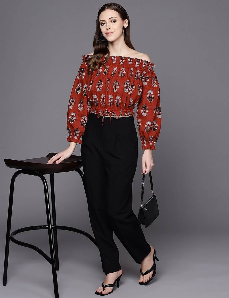 Red & Black Print Off-Shoulder Crop Top