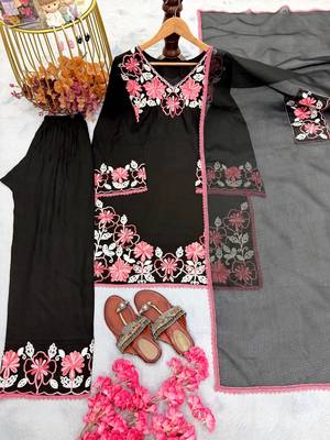 Black Color Embroidery Thread Work Satin Rayon Salwar Suit 4