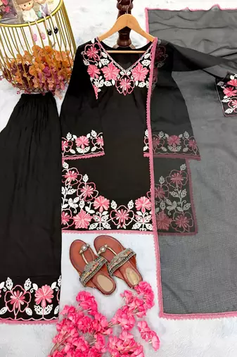 Black Color Embroidery Thread Work Satin Rayon Salwar Suit