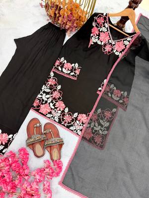 Black Color Embroidery Thread Work Satin Rayon Salwar Suit 5