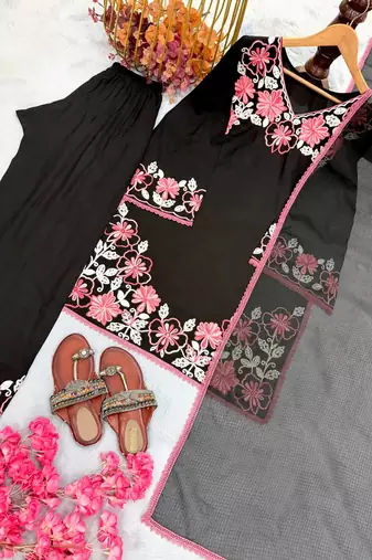 Black Color Embroidery Thread Work Satin Rayon Salwar Suit