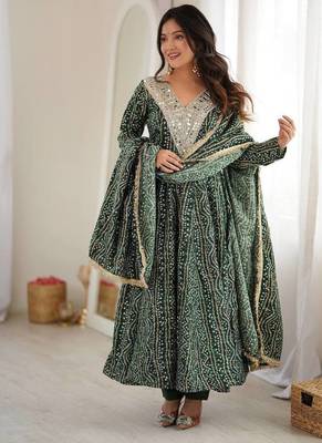 Bottle green bandhani print anarkali suit with mirror work neck and dupatta set 1