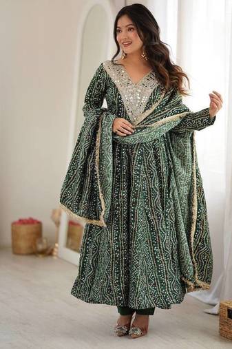 Bottle green bandhani print anarkali suit with mirror work neck and dupatta set