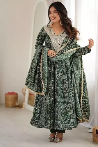 Bottle green bandhani print anarkali suit with mirror work neck and dupatta set