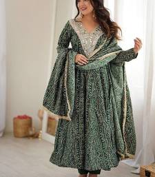 Bottle green bandhani print anarkali suit with mirror work neck and dupatta set