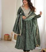 Bottle green bandhani print anarkali suit with mirror work neck and dupatta set