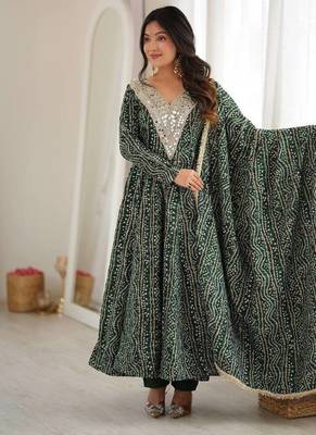 Bottle green bandhani print anarkali suit with mirror work neck and dupatta set 2