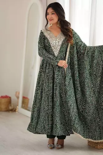 Bottle green bandhani print anarkali suit with mirror work neck and dupatta set