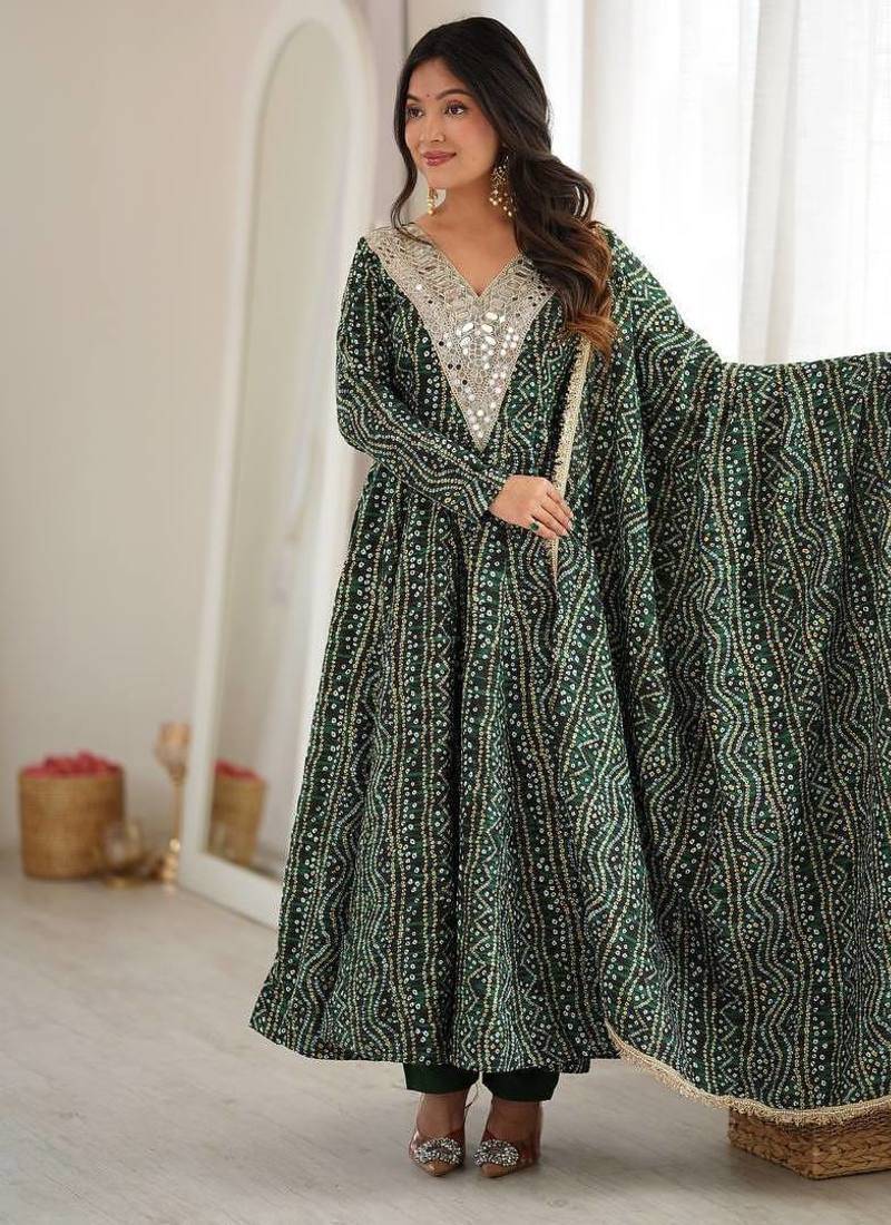 Bottle green bandhani print anarkali suit with mirror work neck and dupatta set