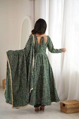 Bottle green bandhani print anarkali suit with mirror work neck and dupatta set 3