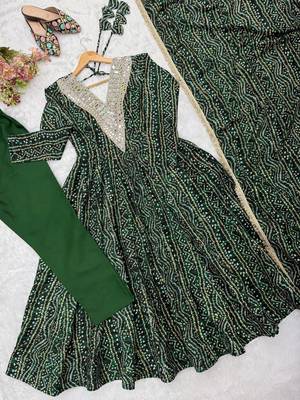 Bottle green bandhani print anarkali suit with mirror work neck and dupatta set 4