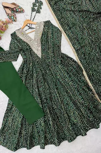 Bottle green bandhani print anarkali suit with mirror work neck and dupatta set