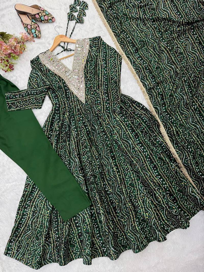 Bottle green bandhani print anarkali suit with mirror work neck and dupatta set