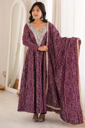 Wine purple bandhej printed anarkali kurta set with heavy mirror embroidery & dupatta