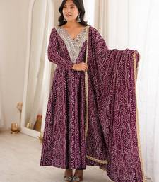 Wine purple bandhej printed anarkali kurta set with heavy mirror embroidery & dupatta