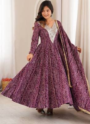 Wine purple bandhej printed anarkali kurta set with heavy mirror embroidery & dupatta 2