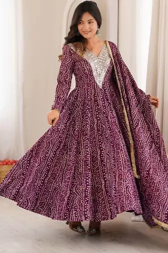 Wine purple bandhej printed anarkali kurta set with heavy mirror embroidery & dupatta