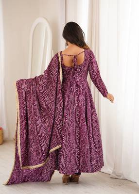 Wine purple bandhej printed anarkali kurta set with heavy mirror embroidery & dupatta 3