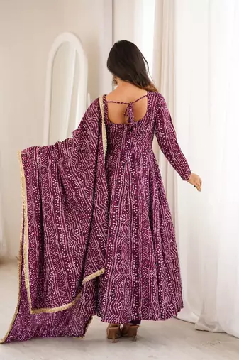 Wine purple bandhej printed anarkali kurta set with heavy mirror embroidery & dupatta
