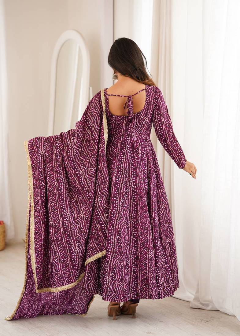 Wine purple bandhej printed anarkali kurta set with heavy mirror embroidery & dupatta