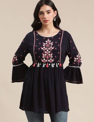 Blue Floral Embroidered Cinched Waist Longline Top 1