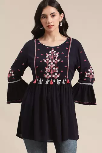 Blue Floral Embroidered Cinched Waist Longline Top