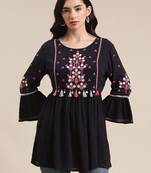 Blue Floral Embroidered Cinched Waist Longline Top