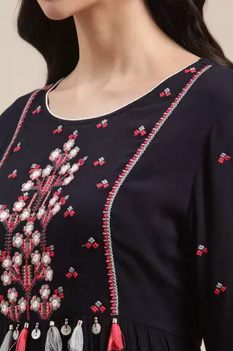 Blue Floral Embroidered Cinched Waist Longline Top