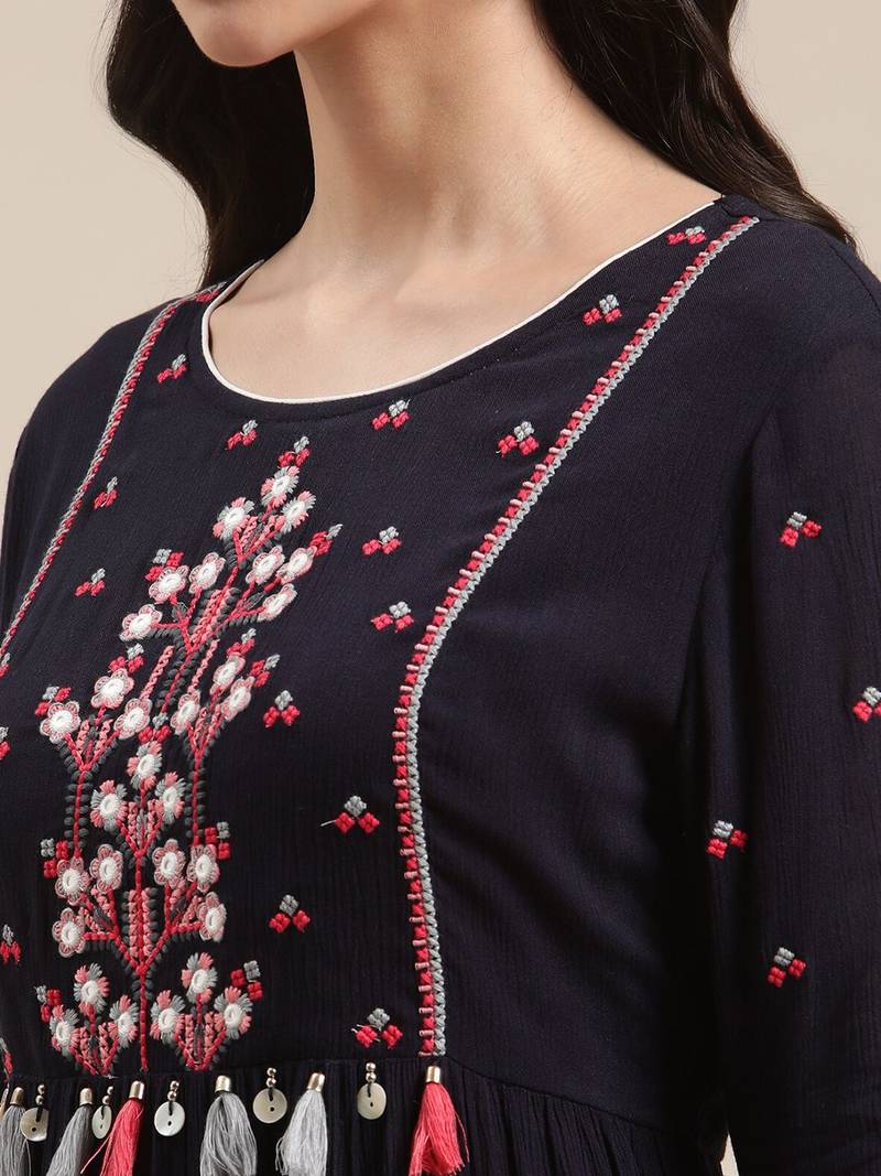 Blue Floral Embroidered Cinched Waist Longline Top
