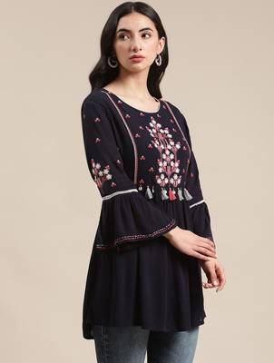 Blue Floral Embroidered Cinched Waist Longline Top 3
