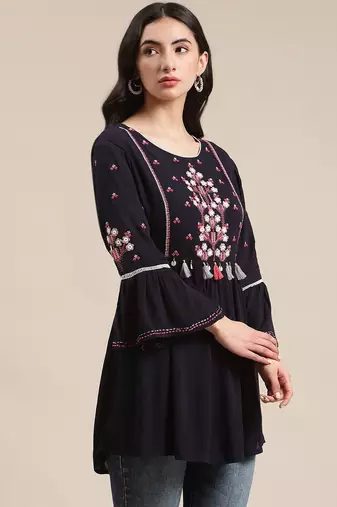 Blue Floral Embroidered Cinched Waist Longline Top