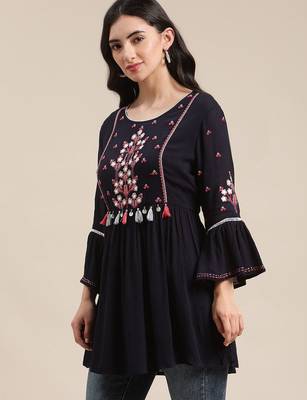Blue Floral Embroidered Cinched Waist Longline Top 4