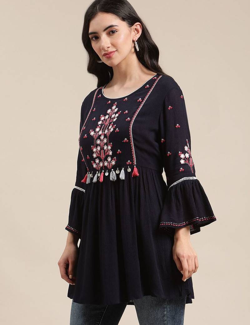 Blue Floral Embroidered Cinched Waist Longline Top