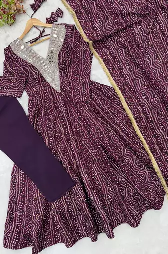 Wine purple bandhej printed anarkali kurta set with heavy mirror embroidery & dupatta