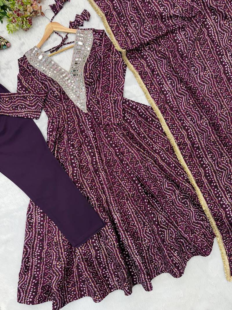 Wine purple bandhej printed anarkali kurta set with heavy mirror embroidery & dupatta