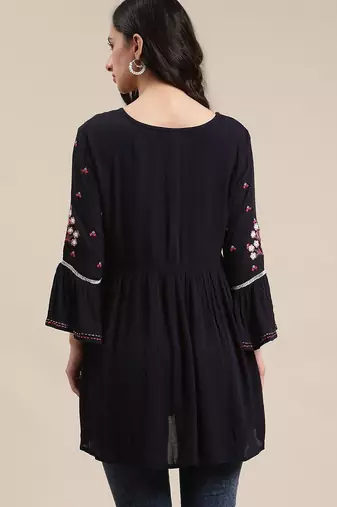 Blue Floral Embroidered Cinched Waist Longline Top
