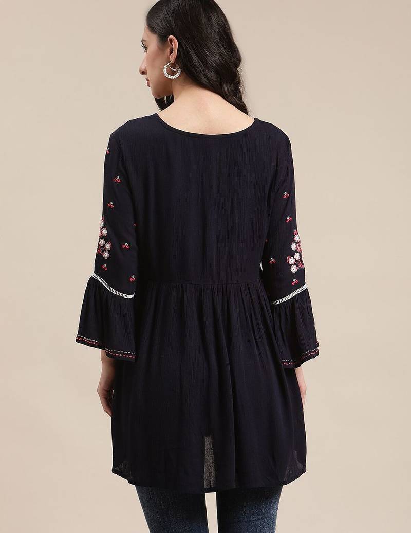 Blue Floral Embroidered Cinched Waist Longline Top