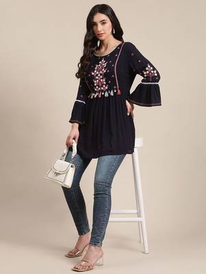 Blue Floral Embroidered Cinched Waist Longline Top 6